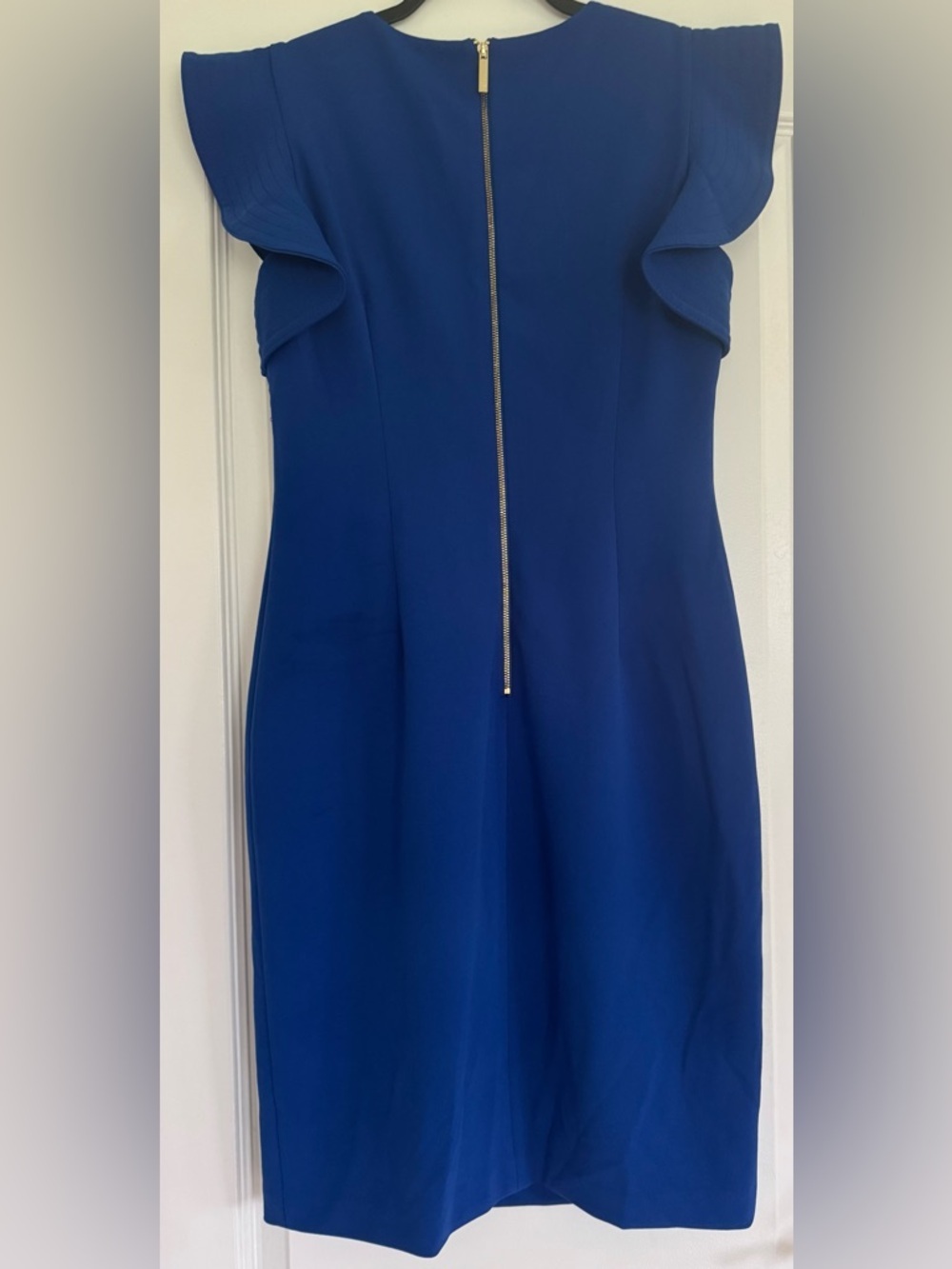 Calvin Klein Blue Sheath Dress 8 Ruffle Sleeve Career Cocktail - Picture 2 of 7